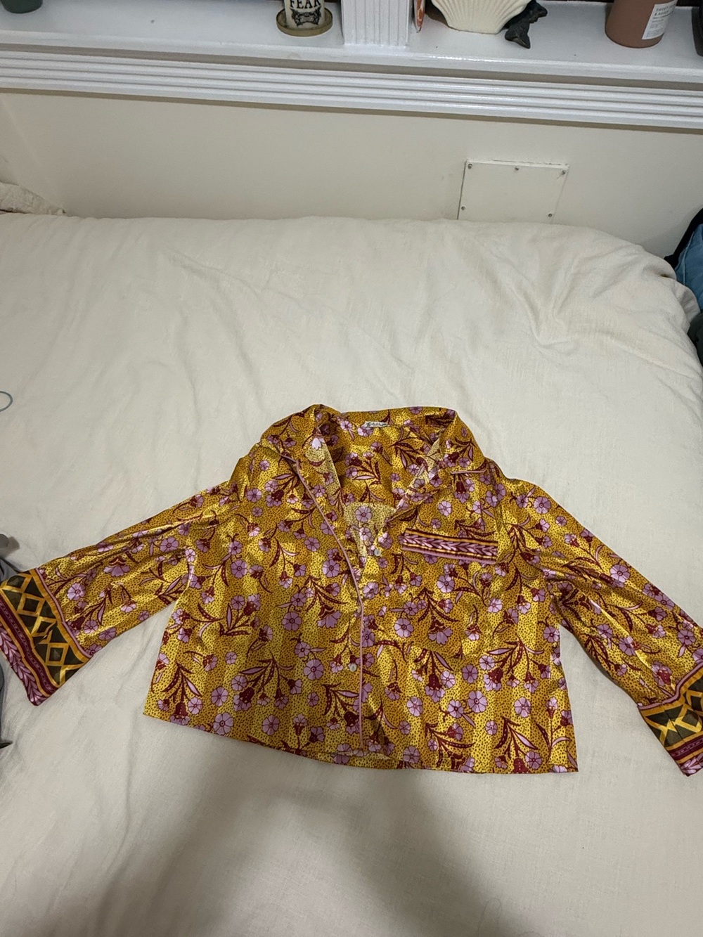 Free People Yellow Satin Floral pajama set with Pink and Maroon Print